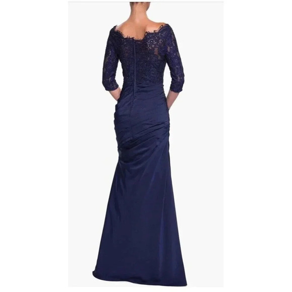 NEW La Femme 24926 Lace and Jersey Trumpet Gown Dress Navy Size 6 - Picture 3 of 13